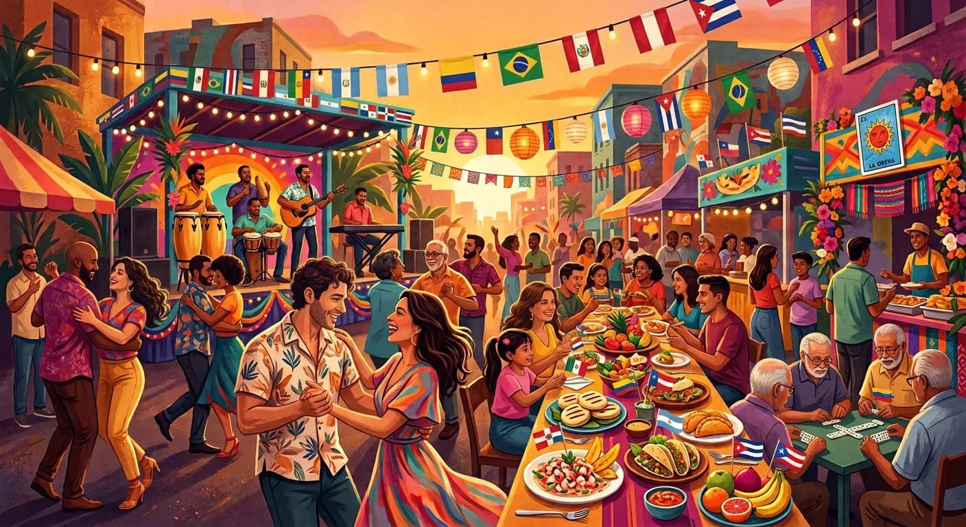 An outdoor Latino street festival at sunset: a band playing congas and guitar on stage, couples dancing, neighbors sharing a long table of food and playing dominoes, with flags from across Latin America strung overhead.